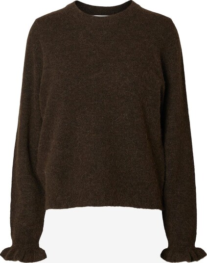 Selected FEMME - Genser slfLulu LS Knit Frill Cuff O-neck N - Brun