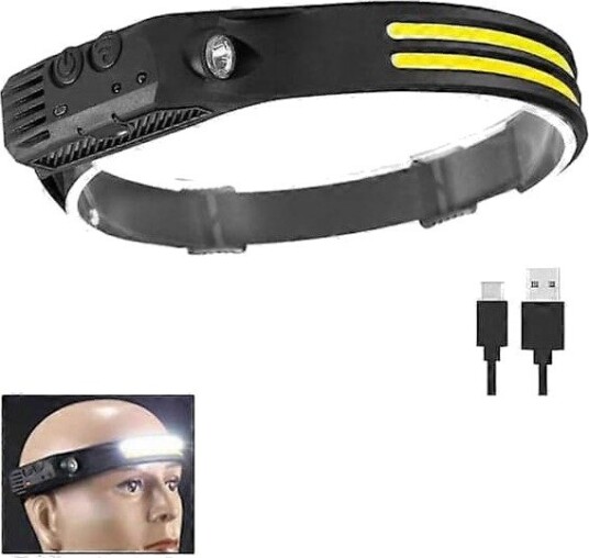 Oppladbar hodelykt, 1000 lm 230 bred stråle supersterk med håndfri sensor, LED- 1500 mAh IPX5 vanntett lettvekt