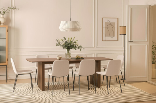 Bark Richeto Spisebord 240 cm med 8 Katy Spisestoler Røkt eik / Hvit Bouclé Bark Richeto Spisebord 240 cm med 8 Katy Spisestoler Røkt eik / Hvit Bouclé