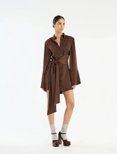 ROTATE Birger Christensen Satin Tie Shirt Dress Brown 34