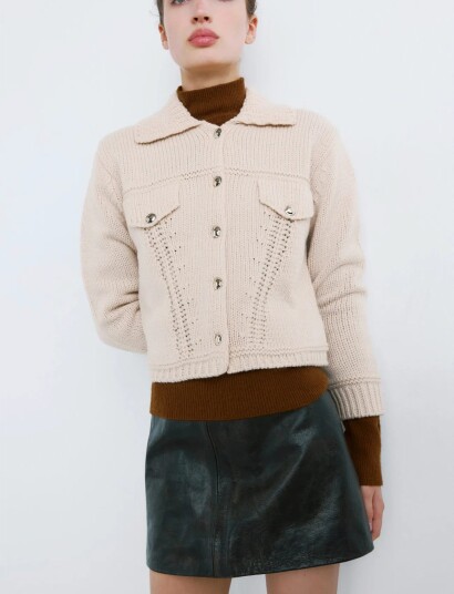 Mango Knitted Jacket With Polo Collar Cream XS