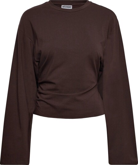 Weekday Ruched Long Sleeved T Shirt DARK BROWN S