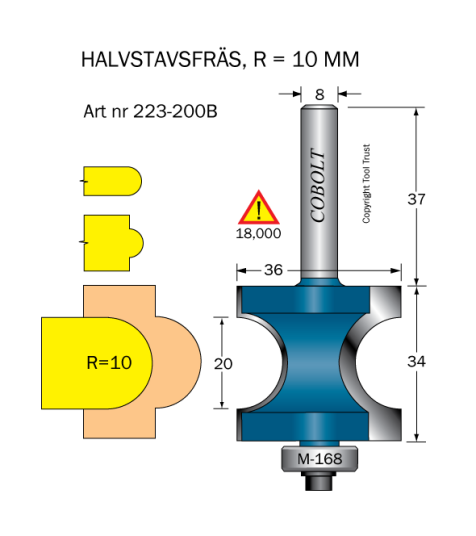 Cobolt 223-200B Halvendefres R=10 D=36 L=20/34 Maskintilbehør & forbruk