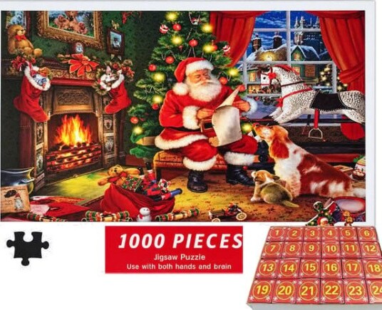 Superjulete motiv adventskalender 2026 julenisse 1000 puslespillbrikker julekalender puslespill