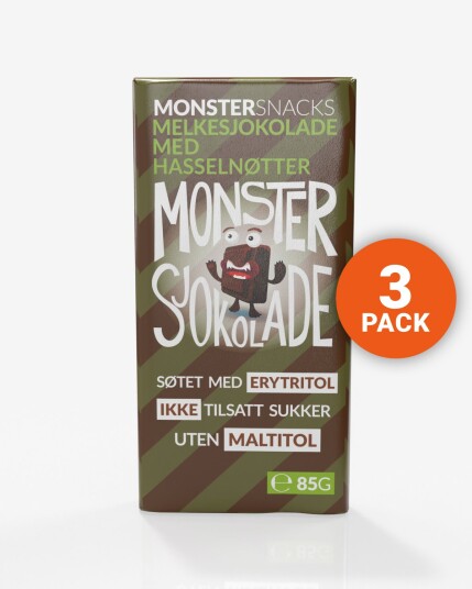 Monster Lavkarbo Belgisk Melkesjokolade m/Hasselnøtt – UTEN MALTITOL 3x85g Monster Lavkarbo Belgisk Melkesjokolade m/Hasselnøtt – UTEN MALTITOL 3x85g
