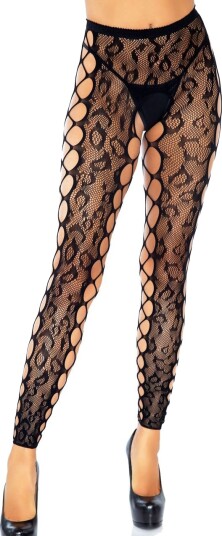 Svart Crotchless Nettingsstrømpebukser med Leopard Motiv