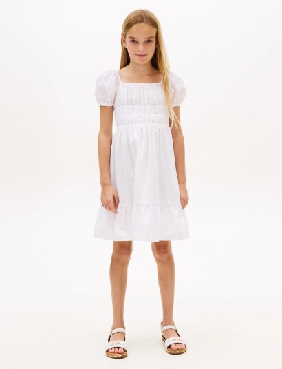 Tommy Hilfiger Seersucker Puff Sleeves Dress Ss White 176