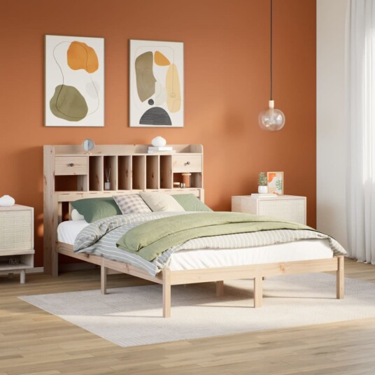 Seng med bokhylle uten madrass 150x200 cm heltre furu 8721158611307