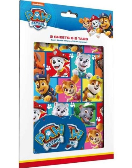 2 stk Paw Patrol Gavepapir med 2 stk Navnelapper 50x70cm