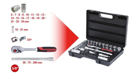Ks Tools 911.0626, Støpselsett, 3/8", 26 Hoder, Kromvanadiumstål, 2,7 Kg