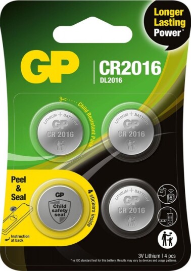 GP CR2016 Litium Knappcellebatteri 4-pakning