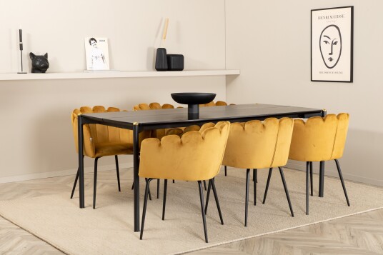 Venture Home Pelle Spisegruppe 190 cm Rektangulær med 6 Limhamn Stoler Sort