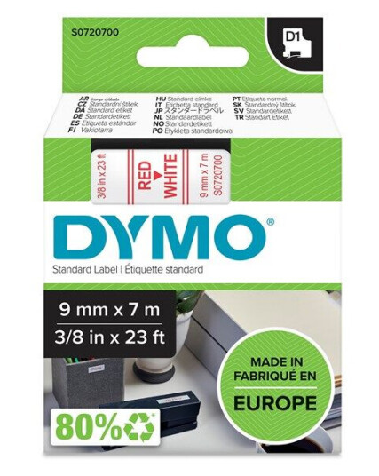 DYMO D1 tape, 9mm x 7m rull, rød på hvit, selvklebende tape til LabelManager printere, original