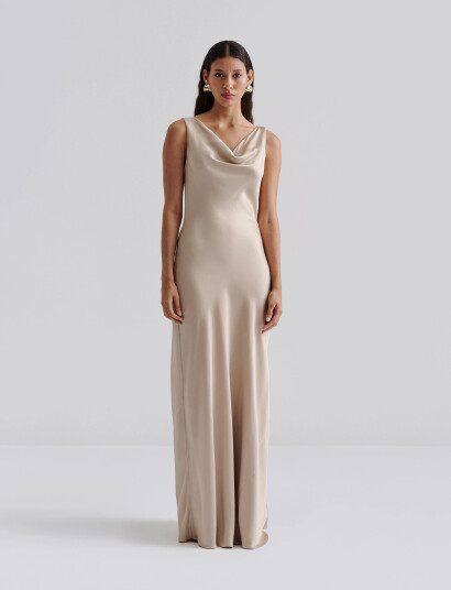 Malina Leah Cowl Satin Maxi Dress Beige XS Malina Leah Cowl Satin Maxi Dress Beige XS