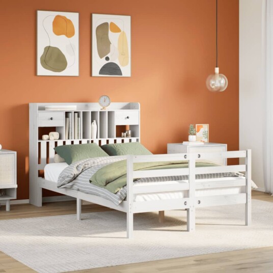 Seng med bokhylle uten madrass hvit 120x190 cm heltre furu 8721158607140