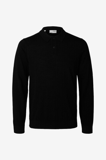 Selected Homme Genser slhTray LS Knit Merino Polo Svart