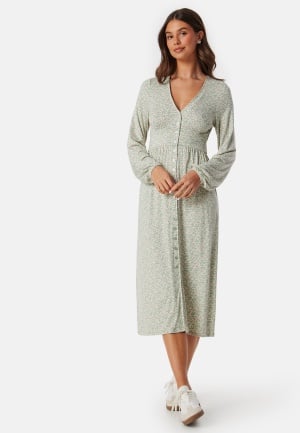 BUBBLEROOM V-neck Midi Button Dress Green/Floral L