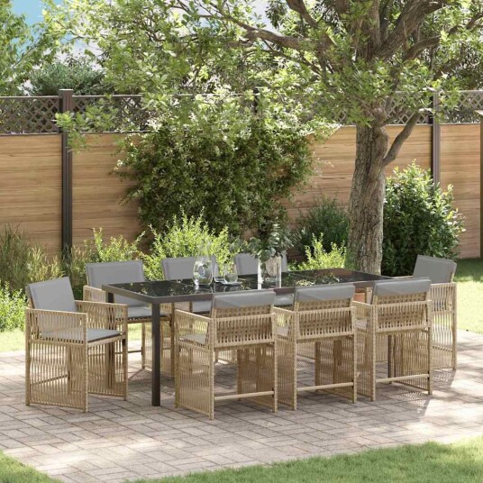 9 Delt Hage Spisebordsett med Puter Beige Poly Rattan