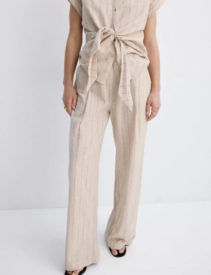 Mango Pinstripe Linen Trousers   Beige   44