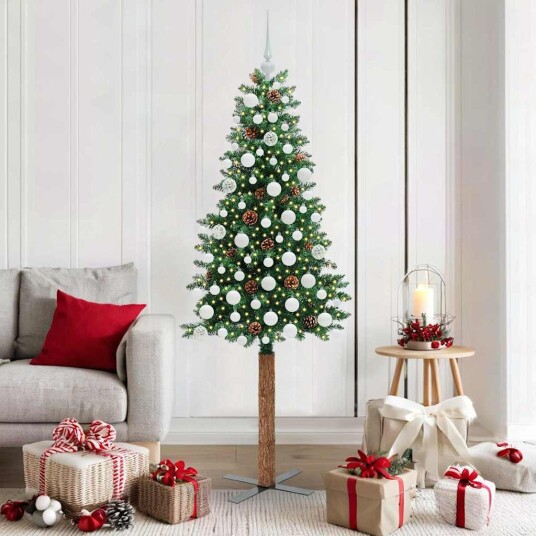  Slim juletre med 300 LED grønn 180 cm PVC og Massivt Furu tre