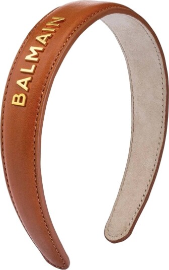 Balmain Paris Leather Headband With Gold Logo 18k Cognac