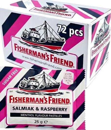72 stk Sukkerfri Fisherman's Friend med Smak av Bringebær Salmiak og Mentol Hel Eske 1,8 kg