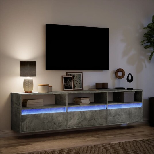  Vegghengt TV-benk med LED-lys betonggrå 180x31x45 cm 8721158342881