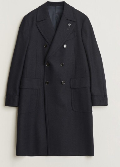 Lardini Ulster Wool/Cashmere Tonal Herringbone Coat Navy