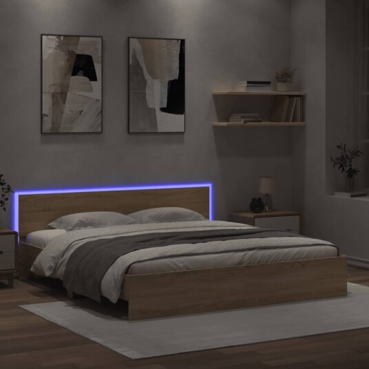vidaXL Sengeramme med hodegavl og LED sonoma eik 200x200 cm 8721012248007