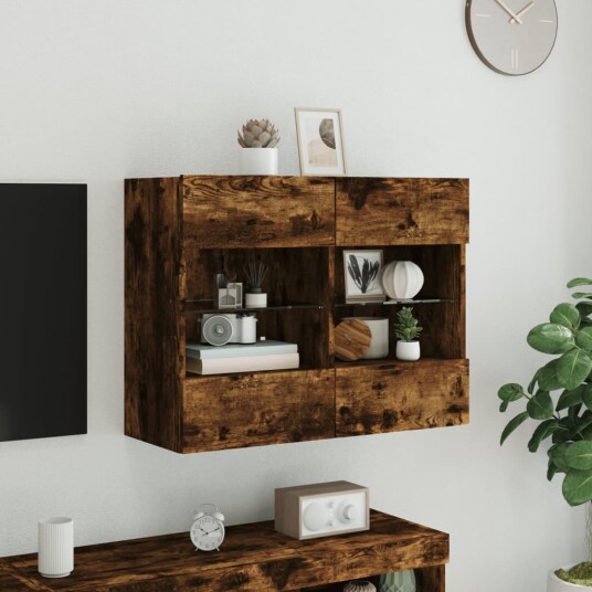 vidaXL Vegghengt TV-benk med LED-lys røkt eik 78,5x30x60,5 cm 8721012256873