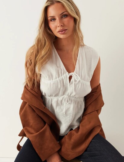 Bubbleroom Viscose Tie Detail Blouse   White   L