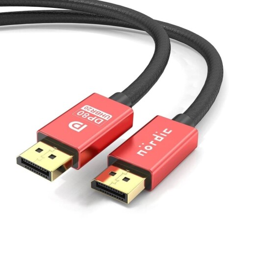 NÖRDIC 2m nylonflettet Displayport 2.1 kabel DP80 UHBR20 80Gbps 16/10/8K60H 4K165/144Hz DSC1.2a HDR HDCP2.2 FreeSync G Sync