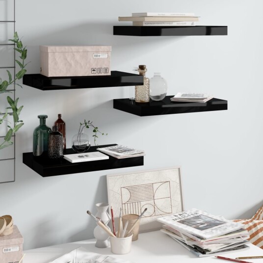 vidaXL Flytende vegghyller 4 stk h?yglans svart 40x23x3,8 cm MDF