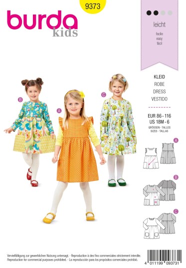 Burda 9373 - Kjole EUR: 86-116, US: 18M-6