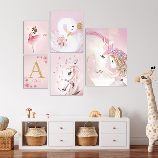 Plakater Kawaii / Svane og enhjørning / Rosa / Personlig / Sett med 5