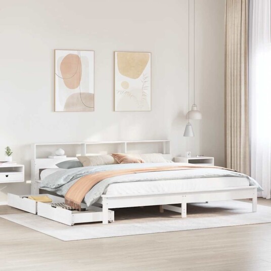 Seng med bokhylle uten madrass hvit 200x200 cm heltre furu 8721158409737