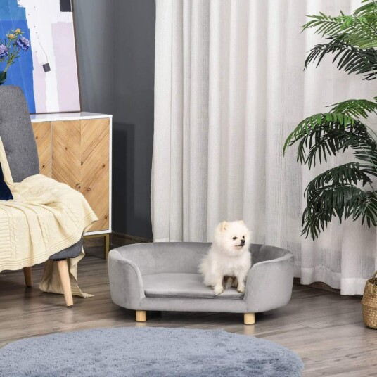 Lys Grå Hundesofa I Fløyelsskum Med Bjørkeben