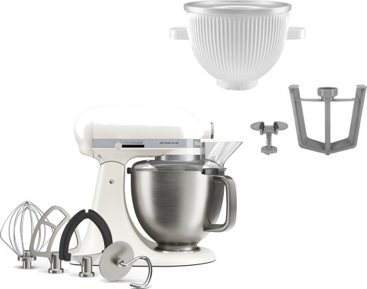 Kitchenaid Artisan Plus kjøkkenmaskin med iskremtilbehør porcelain white