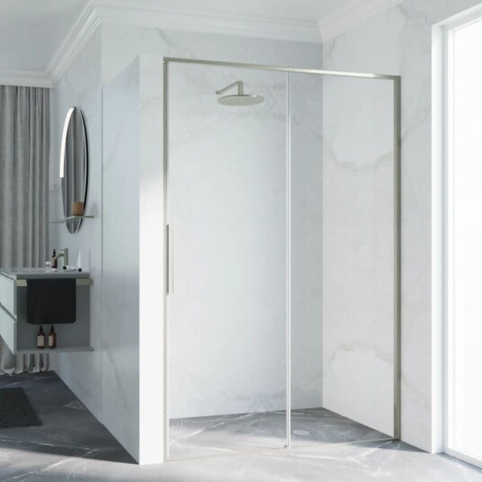 Novellini Riga 2P skyvedør venstre, 136-139 cm, klart glass, børstet stål profil
