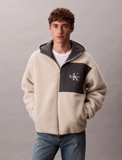 Calvin Klein Jeans Sherpa Funnel Neck Full Zip Hood   Cream   XXL