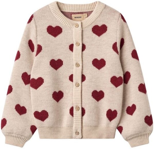 Wheat Offwhite Melange Jacquard Cardigan Hearts 8 år/128