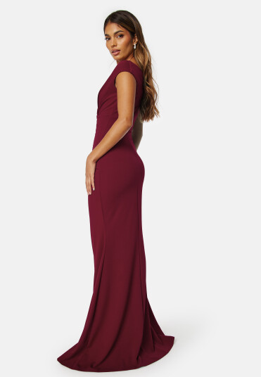Goddiva Bardot Pleat Maxi Dress Wine-red XXL (UK18)