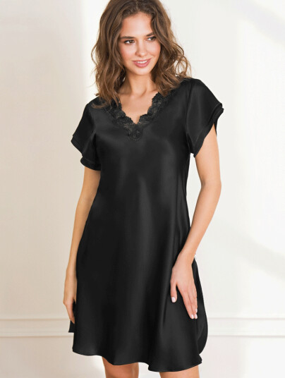 Lady Avenue Pure Silk Lace Midi Nightgown , Black-M M Lady Avenue Pure Silk Lace Midi Nightgown , Black-M M
