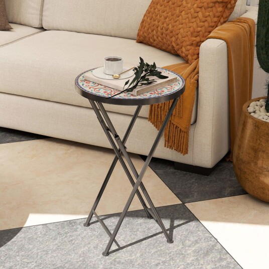 Sidebord sammenleggbart hagebord med mosaikkdesign diameter 35,5 x 55 cm rundt værbestandig balkongbord av metall campingbor Sidebord sammenleggbart hagebord med mosaikkdesign diameter 35,5 x 55 cm rundt værbestandig balkongbord av metall campingbor