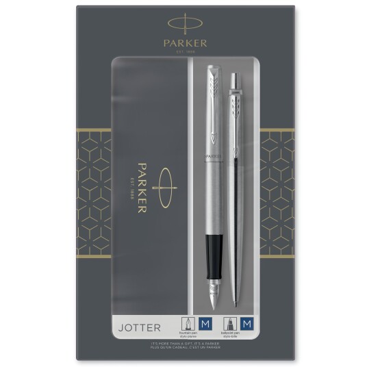Parker Jotter Duo Gift Set with Ballpoint Pen & Fountain Pen  Stainless Steel with Chrome Trim  Blå Ink Refill & Cartridges  Gift Box