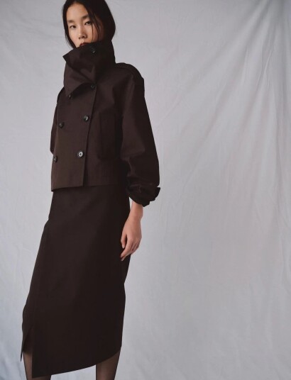 Mango Funnel Neck Cropped Trench Coat Brown L
