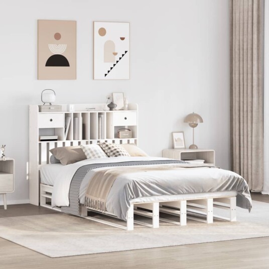 Seng med bokhylle uten madrass hvit 120x190 cm heltre furu 8721158627681