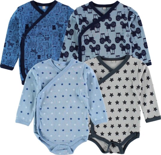Pippi Baby Slå Om Bodyer 4 pack Blå/grå m. Trykk Pippi Baby 1 år 80 Langermet Body