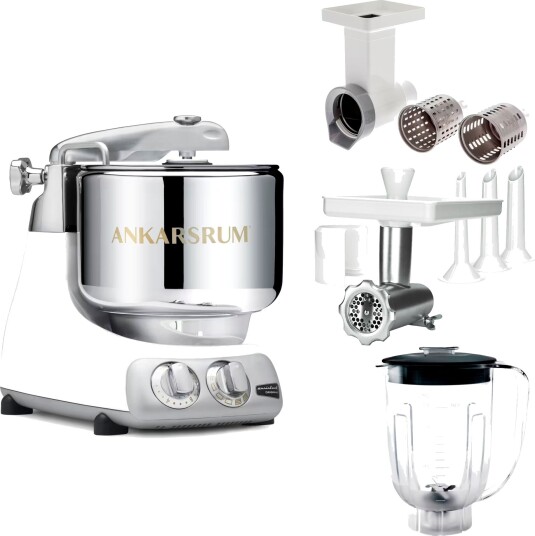 Ankarsrum Assistent Original AKM 6230 kjøkkenmaskin med kjøttkvern skjæretilbehør og blenderkanne glossy white