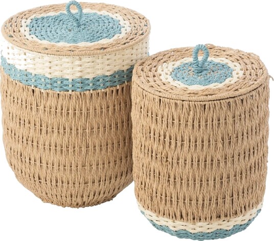 J Line Set Of 2 Basket With Lid Striped Paper Natural/Light Blue Blue One Size